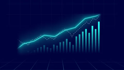 Glowing line and bar chart on dark grid, showing growth. Stock Footage 286411195