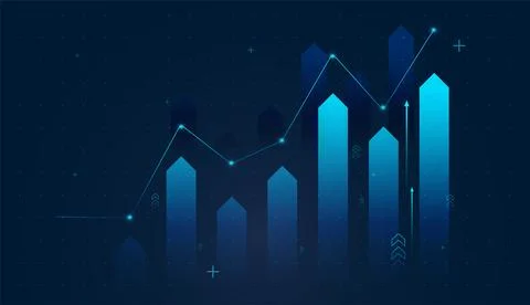A glowing line graph climbs across tall blue bars, showing dynamic market m.. Stock Illustration