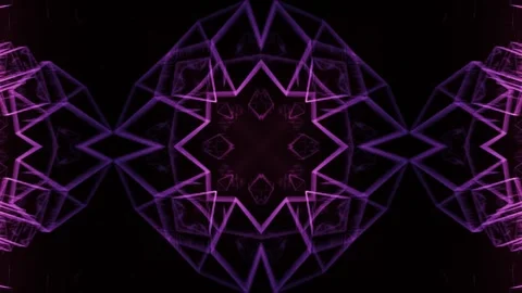 Glowing linear neon elements rotating in symmetrical kaleidoscopic pattern, perf Stock Footage 312352582