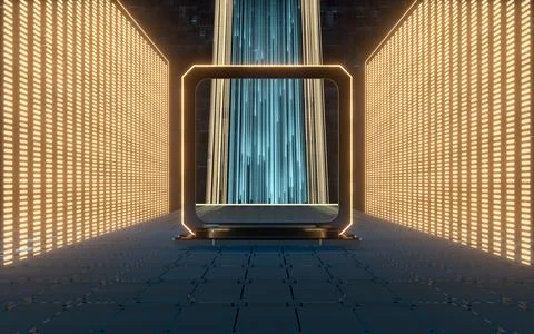 Glowing lines and chip with black background, 3d rendering. Illustrazione stock