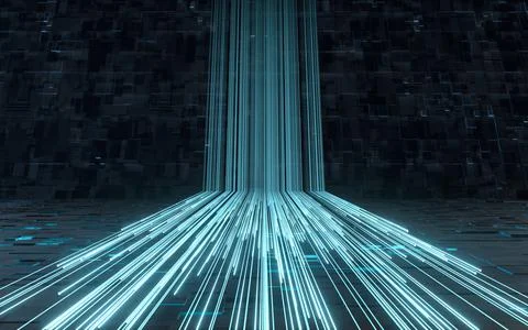 Glowing lines and cubes with black background, 3d rendering. Illustrazione stock