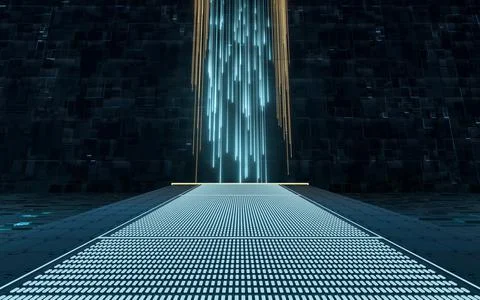 Glowing lines and cubes with black background, 3d rendering. Illustrazione stock