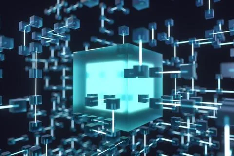 Glowing lines and cubes, technical and scientific background, 3d rendering. Illustrazione stock