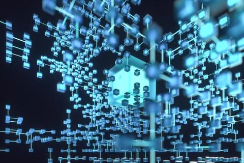 Glowing lines and cubes, technical and scientific background, 3d rendering. Illustrazione stock