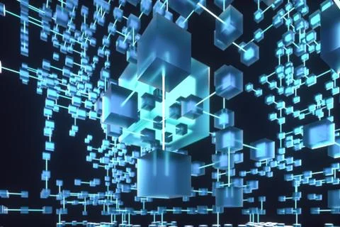 Glowing lines and cubes, technical and scientific background, 3d rendering. Stock Illustration