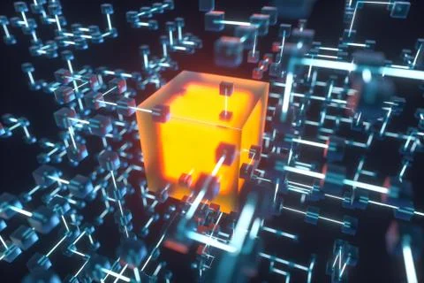Glowing lines and cubes, technical and scientific background, 3d rendering. Illustrazione stock