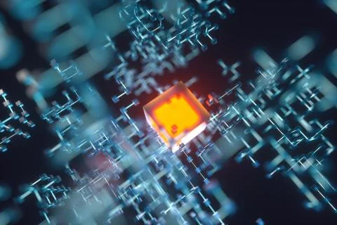 Glowing lines and cubes, technical and scientific background, 3d rendering. Stock Illustration