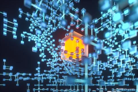 Glowing lines and cubes, technical and scientific background, 3d rendering. Illustrazione stock