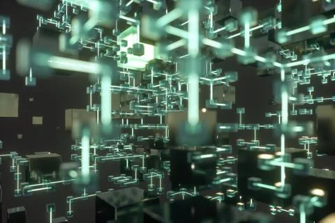 Glowing lines and cubes, technical and scientific background, 3d rendering. Illustrazione stock