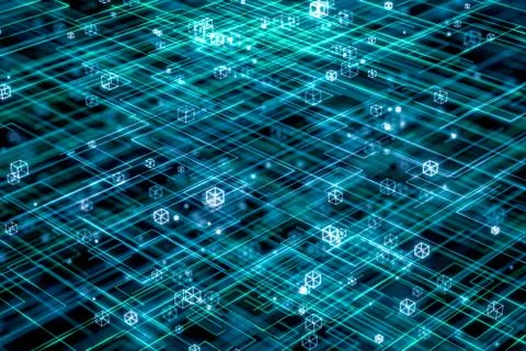 Glowing lines and cubes,data lines and networks ,3d rendering. 스톡 일러스트