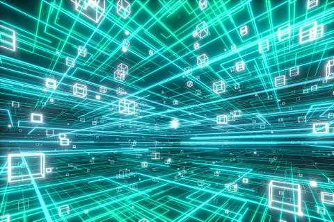 Glowing lines and cubes,data lines and networks ,3d rendering. Stock Illustration