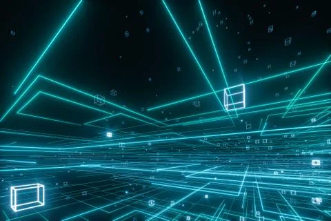 Glowing lines and cubes,data lines and networks ,3d rendering. Stock Illustration