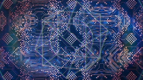 Glowing lines and geometric shapes creating animation on complex circuit board Video stock 303675138