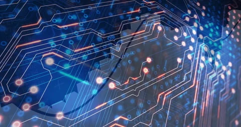Glowing lines and nodes forming circuit board pattern, representing digital Stock Footage 303431594