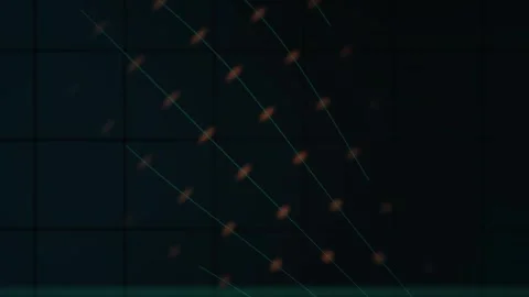 Glowing Lines and Orange Particles Move Across a Dark Digital Grid Background Stock Footage 343704521
