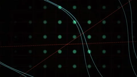 Glowing Lines Curve over a Dark Grid with Green Dots Showing Abstract Tech .. Stock Footage 343704559