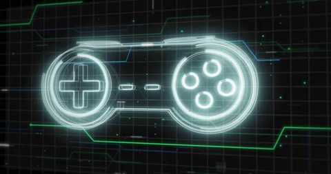 Glowing lines form game controller Gamepad hologram on black - Fly by animation Stock Footage 132200650