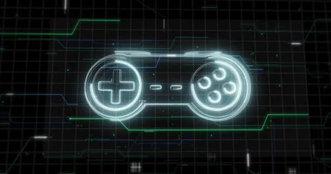 Glowing lines form game controller Gamepad hologram on black Stock Illustration