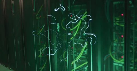 Glowing lines image over server racks in data center 스톡 사진