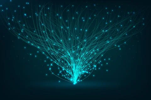 Glowing lines radiating from central point, representing data distribution and Illustrazione stock