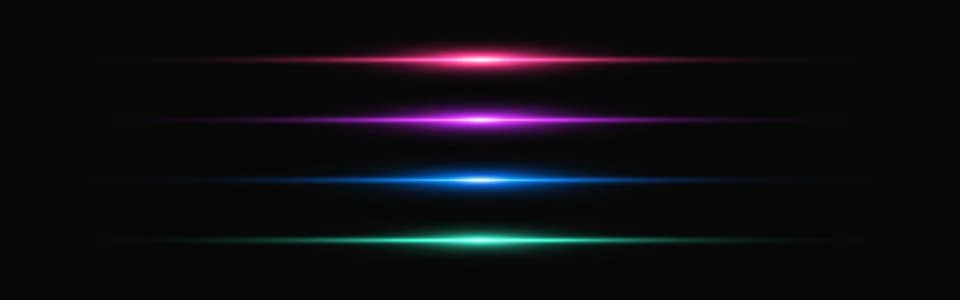 Glowing lines set with neon effect on dark background. Colorful laser flashes Stock-Illustration