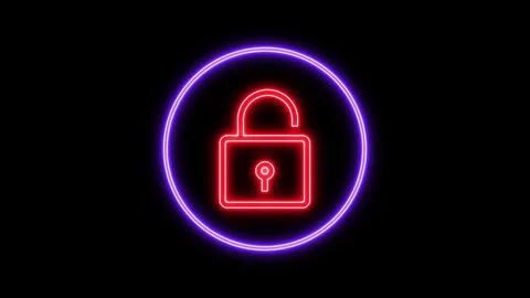 Glowing lock icon on a black abstract background. Illustrazione stock