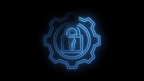 Glowing lock icon inside gear animation data security cybersecurity mechanism Stockbeeldmateriaal 330785195