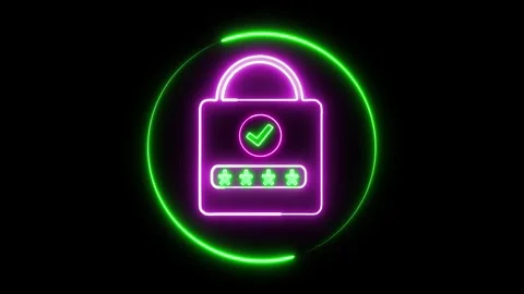 Glowing lock icon with password elements. Seamless neon animation on black .. Stock Footage 309016737