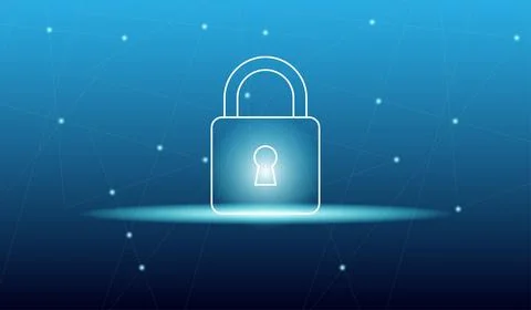Glowing lock security icon on blue digital background representing data pro.. Stock Illustration