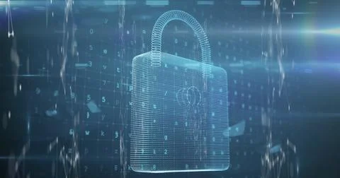 A glowing lock symbol surrounded by data streams Stock Photos