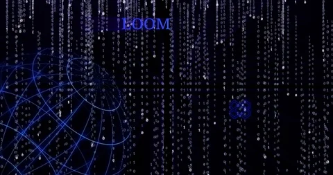 Glowing Loom Network (LOOM) symbol against the falling binary code symbols Stock Footage 102617423