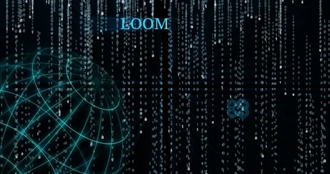 Glowing Loom Network (LOOM) symbol against falling binary code symbols Vídeos de archivo 102618079
