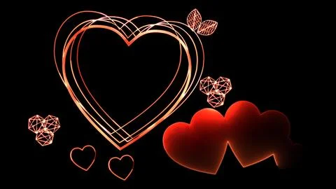 Glowing looping heart shape neon frame effect, black background. Illustrazione stock