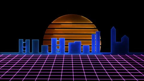 Glowing looping icon retro style sun building neon effect, black background Ilustración de archivo