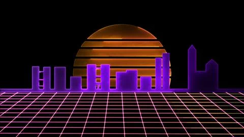 Glowing looping icon retro style sun building neon effect, black background Ilustración de archivo