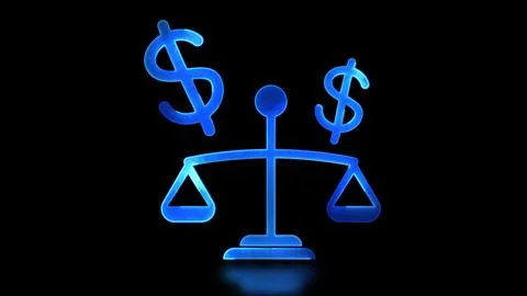 Glowing looping icon, scale and dollar coin, neon effect, black background Illustrazione stock