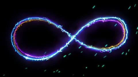 Glowing looping infinity shape neon frame effect, black background. Stock Illustration