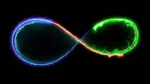 Glowing looping infinity shape neon frame effect, black background. Stock Illustration