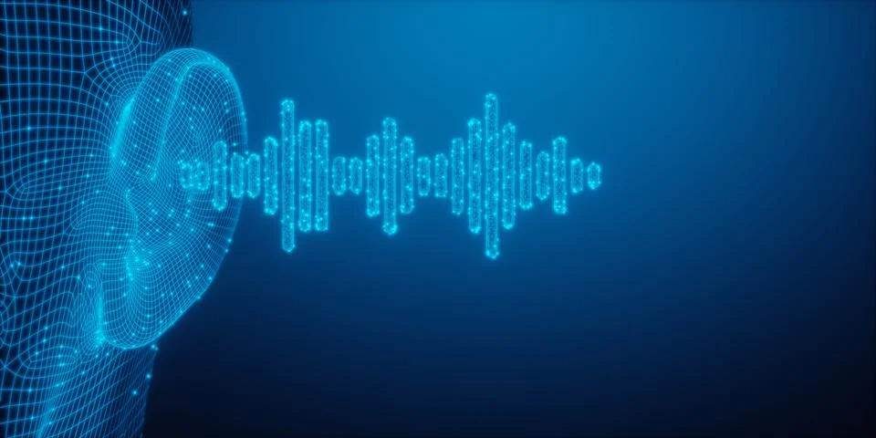 Glowing low poly blue wireframe head and digital sound wave on blue backgro.. Stock Illustration