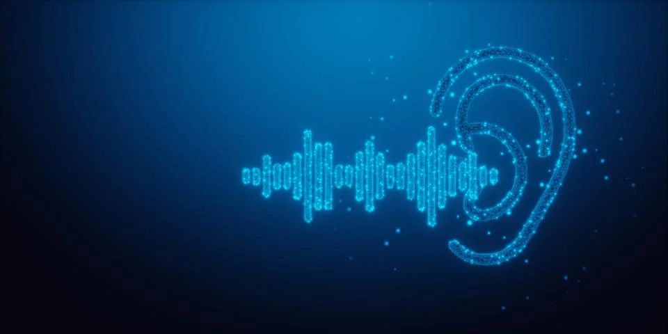 Glowing low poly blue wireframe ear icon and abstract sound wave on blue ba.. Stock Illustration