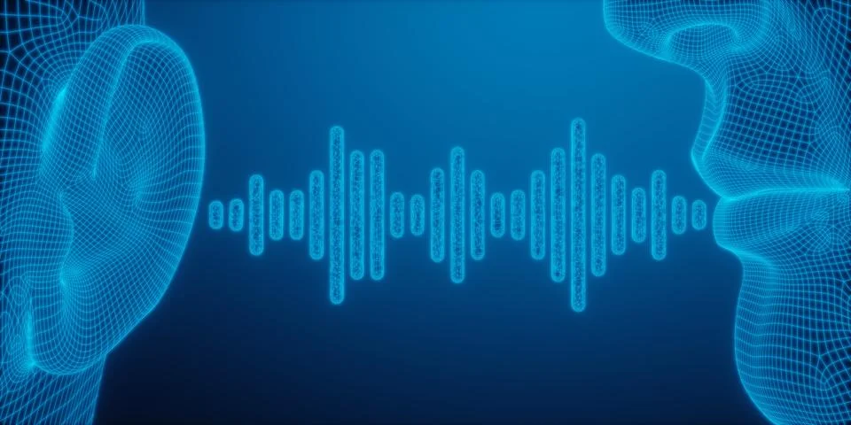 Glowing low poly blue wireframe human ear and mouth connected by digital so.. 스톡 일러스트