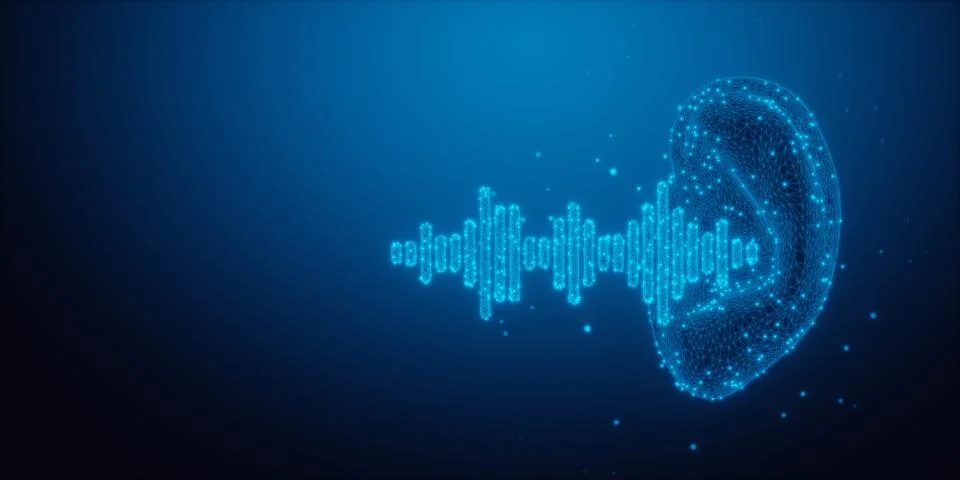 Glowing low poly blue wireframe ear conch shape and digital sound wave on b.. Stock Illustration