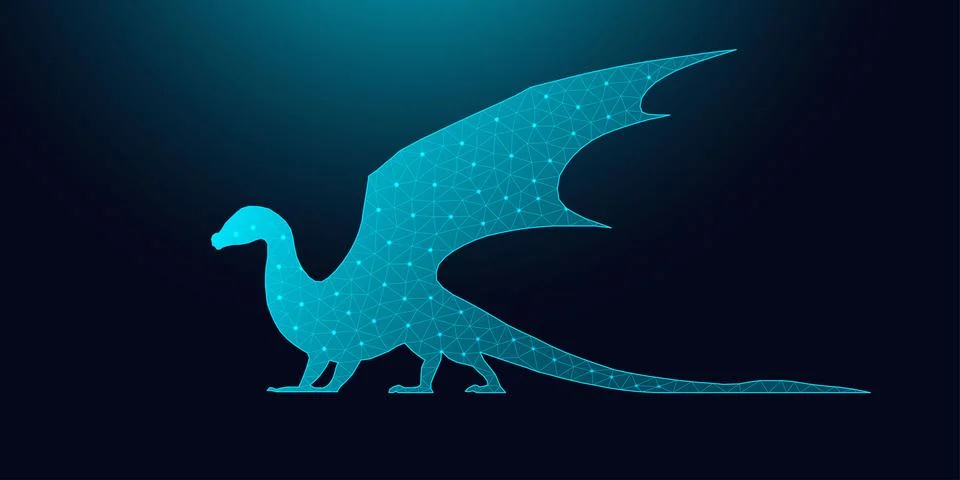 Glowing low poly dragon wireframe on dark background. Иллюстрация