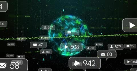 Glowing low-poly globe pulsing center of virtual hub, showing user, mail, play Stock Photos