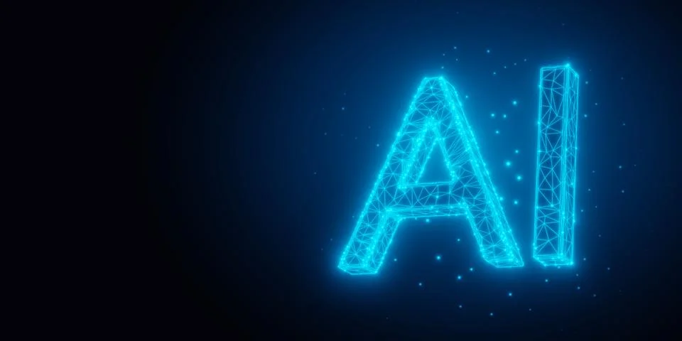 Glowing low-poly wireframe AI, artificial intelligence, text on black backg.. Stock Illustration