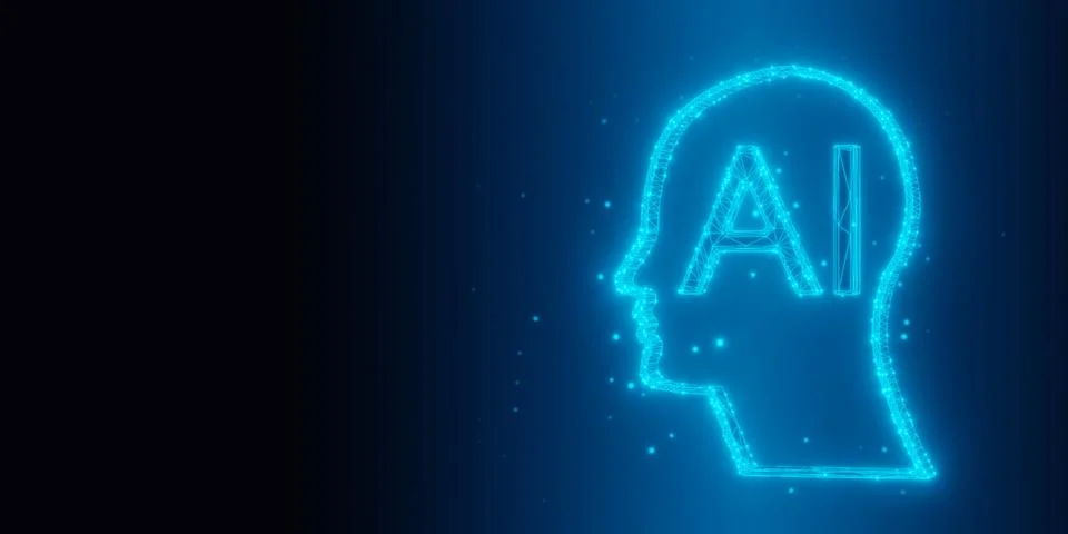 Glowing low-poly wireframe AI, artificial intelligence, human head with tex.. Stock Illustration