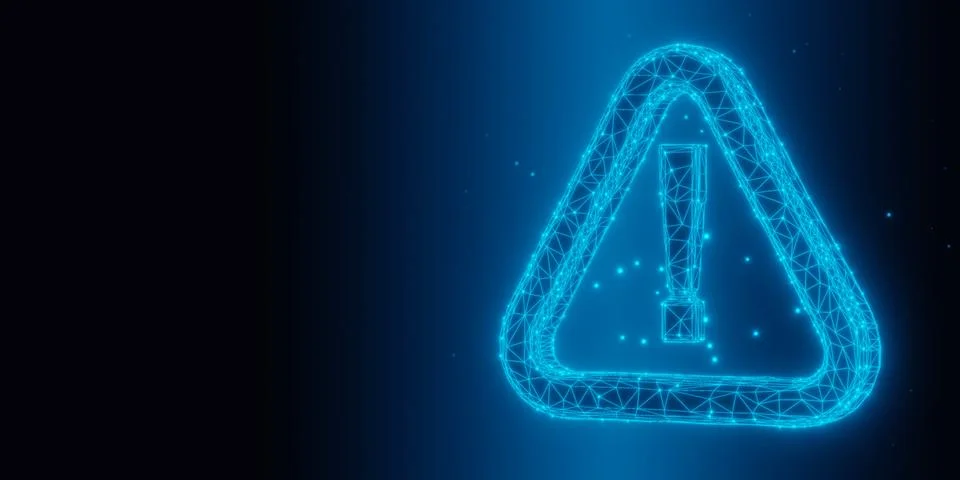 Glowing low-poly wireframe exclamation mark in triangle on black background.. Stock Illustration