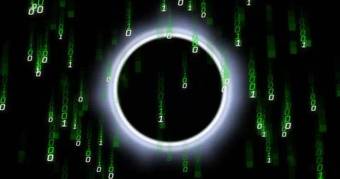 Glowing luminous ring surrounding circular void in digital space, cascading Stock Illustration