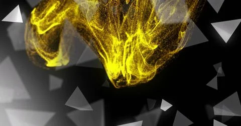 Glowing luminous yellow particle cloud drifting in dark void, with faint gray Stock Illustration