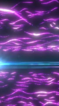 Glowing magenta digital wave lines over a dark background with cyan horizon.. Stock Illustration